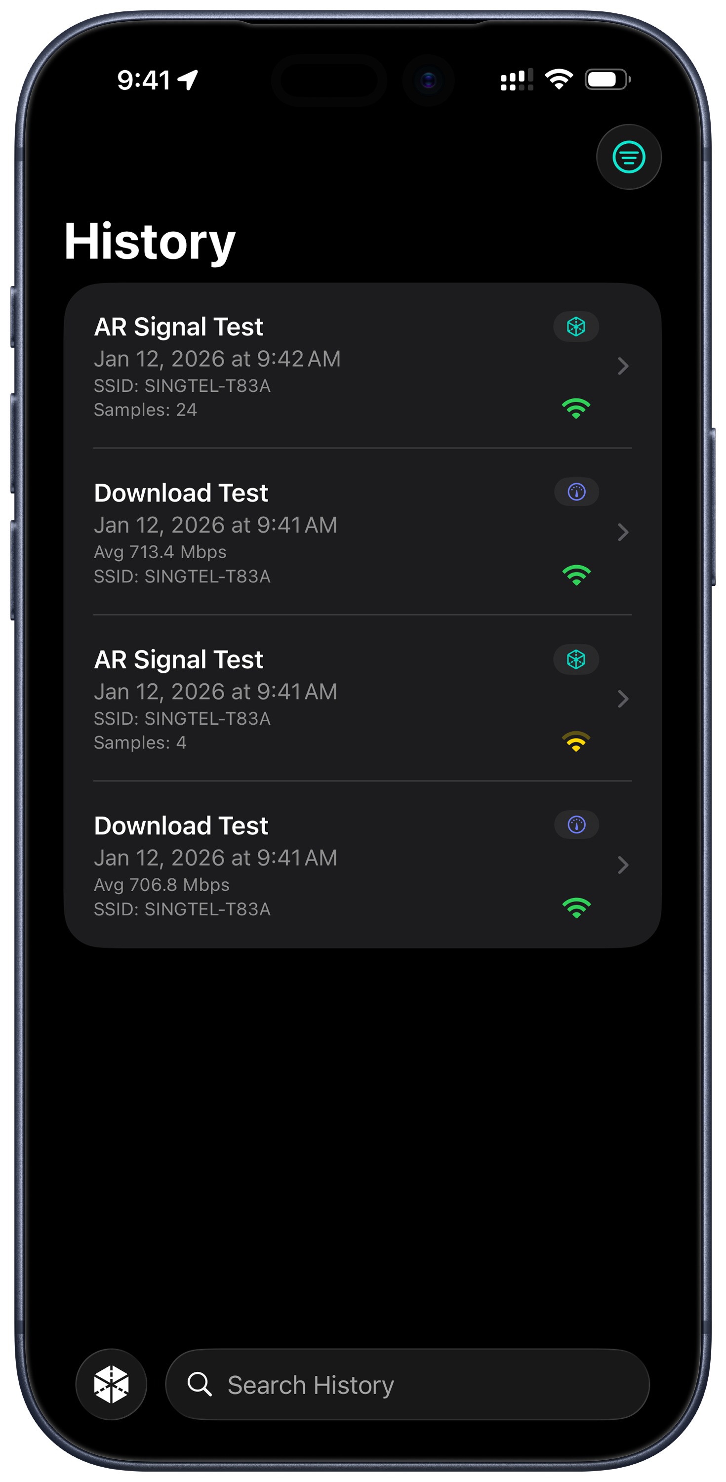 Signal AR screenshot - history