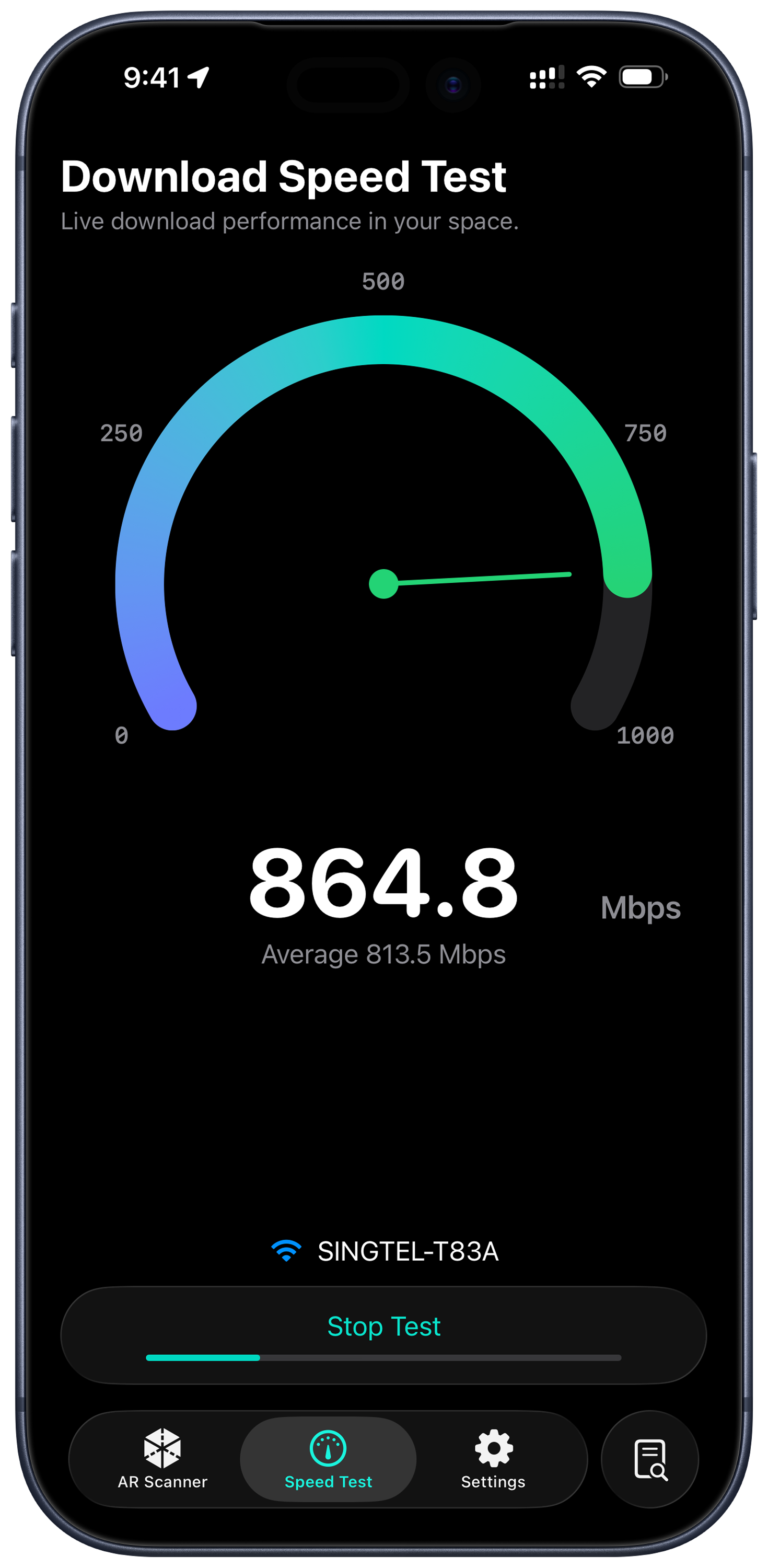 Signal AR screenshot - download speed test